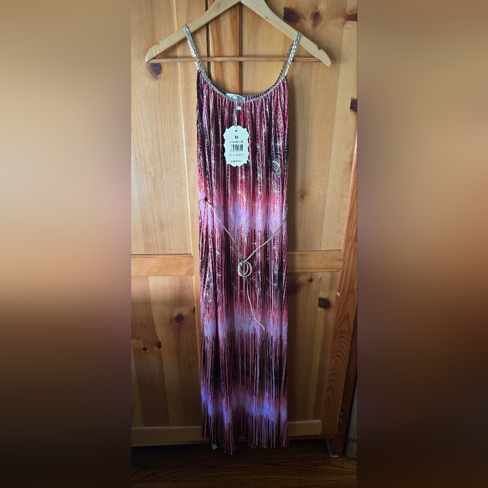 Ace Fashion Red, Black & Gold Maxi Dress With Gold Braided Cord Belt -Sz Med NWT